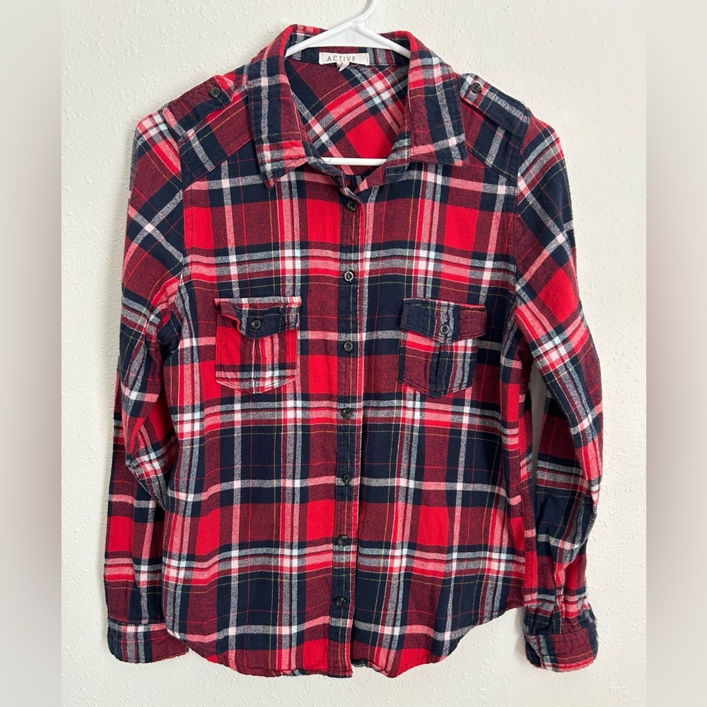 Red & Blue Plaid Button Down Shirt Junior’s Sz L (fits women’s XS/S) 100% Cotton